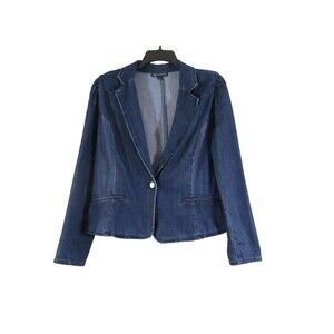 INC Denim Blazer Jacket Womens L Puff Shoulder Dark Blue Jean Structured Topper